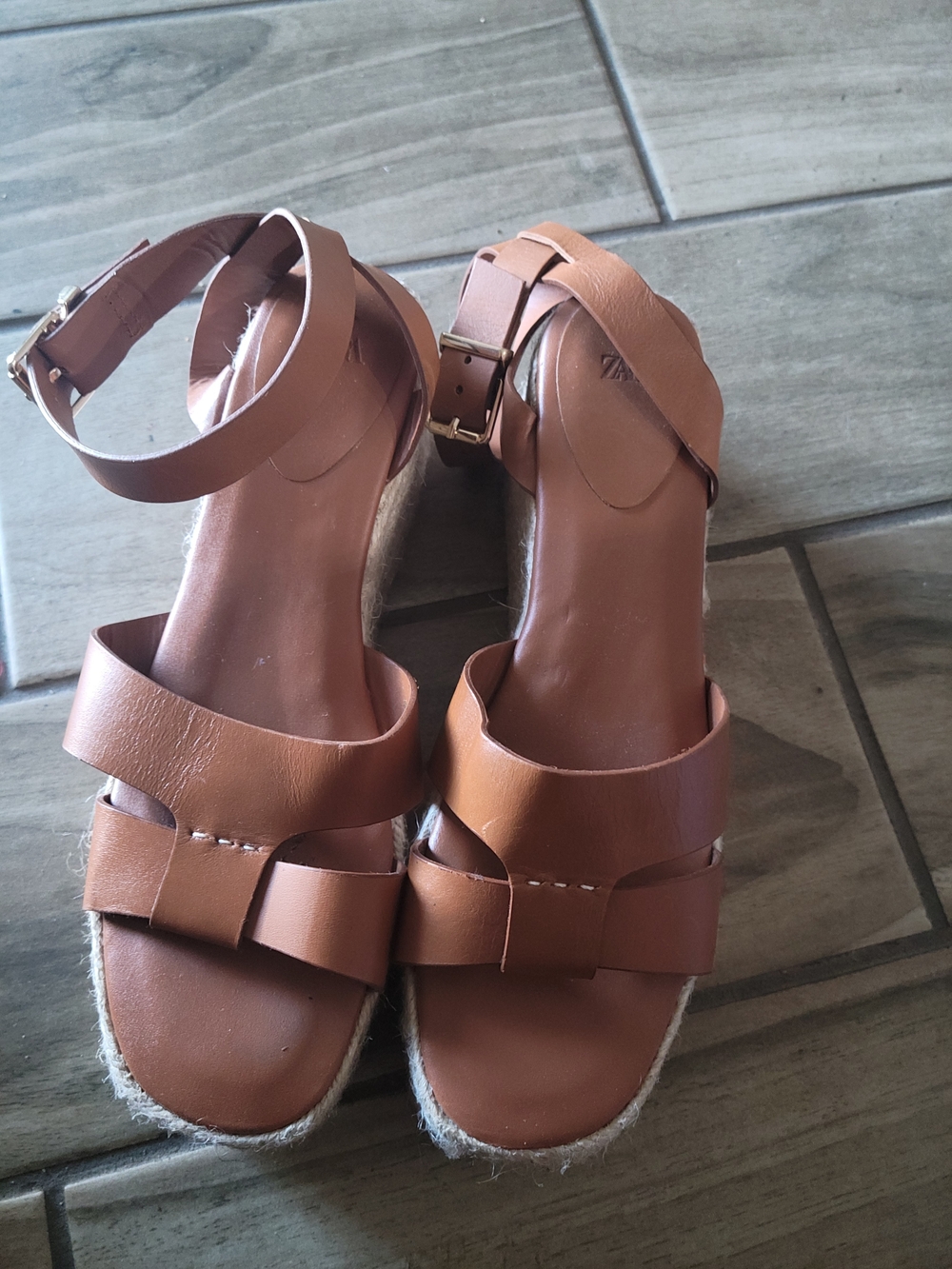Zara Tan Leather Hessian Espadrille Wedge Sandals